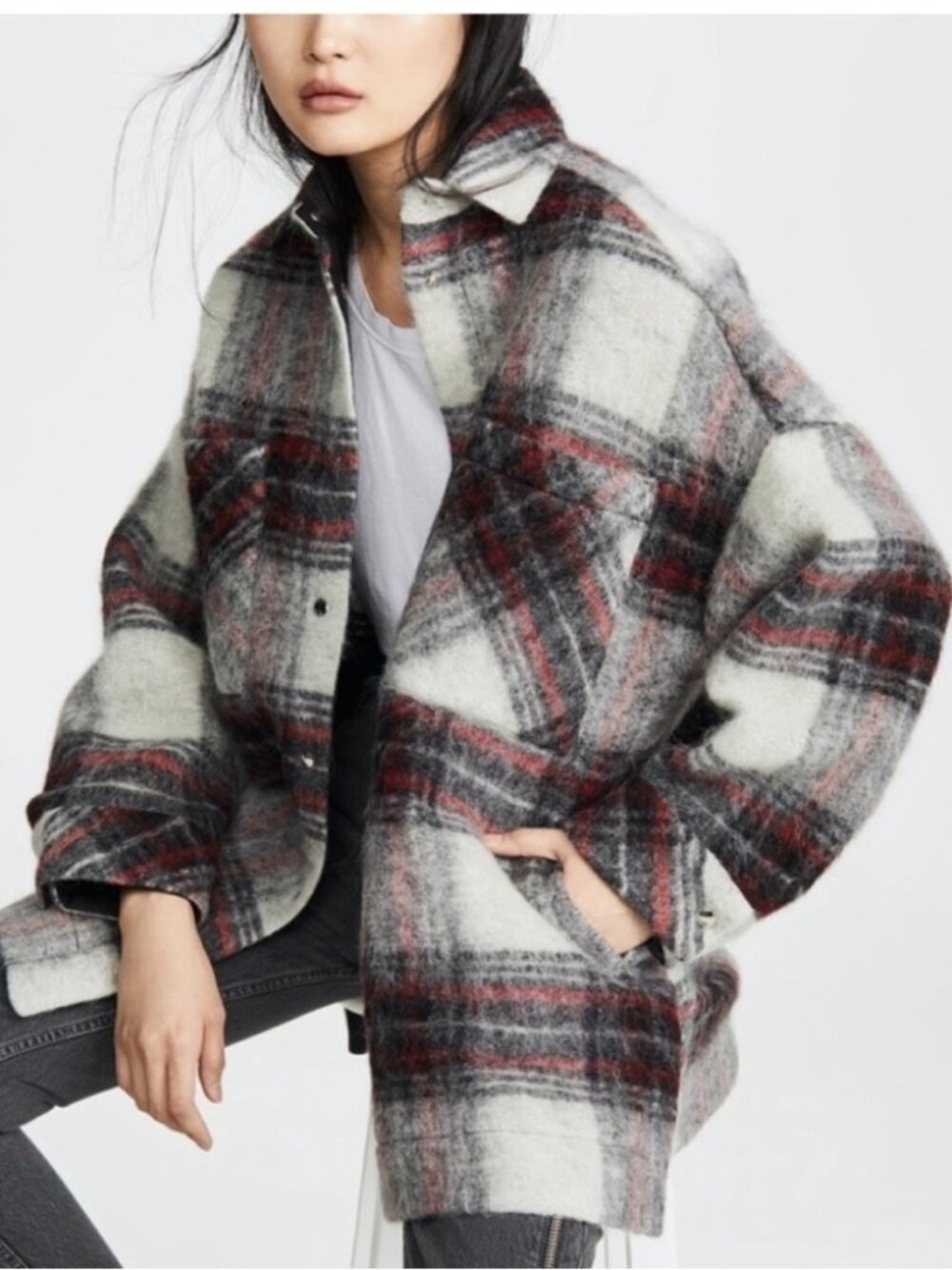 IRO Minsky Oversized Plaid Wool Shirt Jacket Size 34